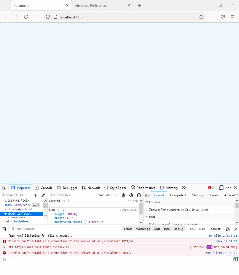 Error message returned by the browser when a WebSocket connection can't be established